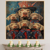 Weimaraner Dog Family in Patriotic Outfits with Stars and Stripes Hats and Bowties for Fourth of July Celebration on Ready to Hang 1.5" Thick Canvas Wrap, Floating Framed Canvas, Flat Rolled Canvas